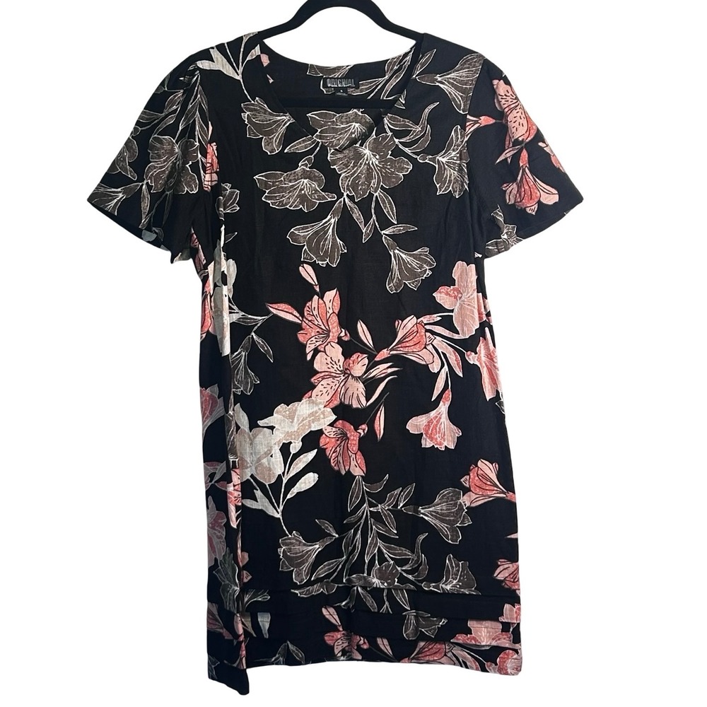 Nicole Miller Original Black Floral Linen Blend Shift Dress Size Small Tropical